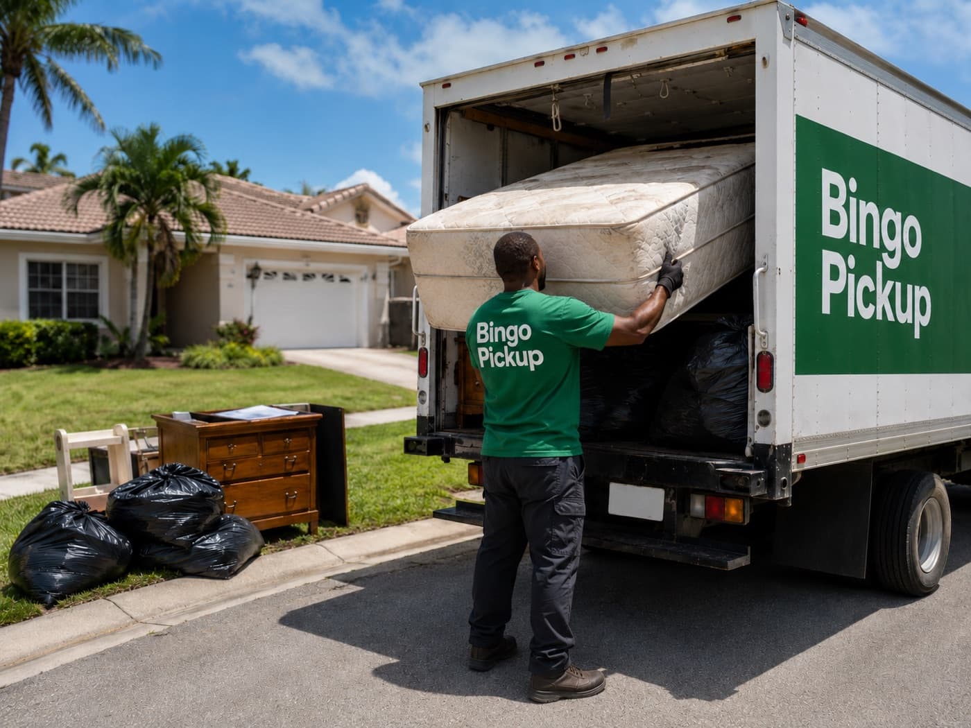 A mattress being loaded into the Bingo Pickup truck with furniture and bags at the curb