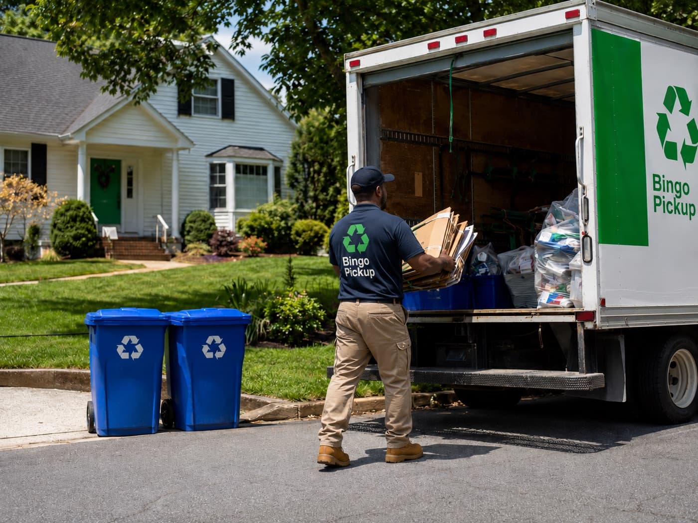 Cardboard and recycling bins being loaded into the Bingo Pickup recycling truck